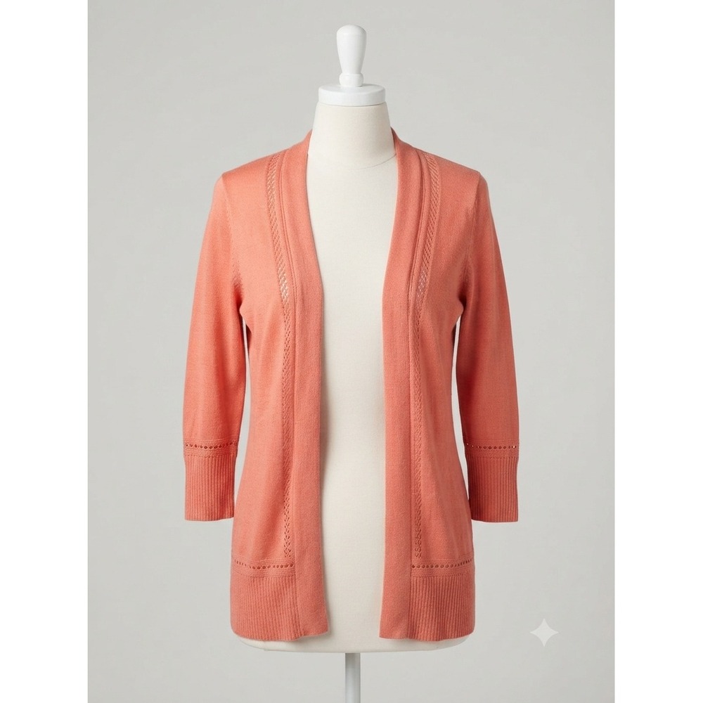 Roz & Ali Women Coral Pink Open Front Pointelle Knit Cardigan Sweater Size S
